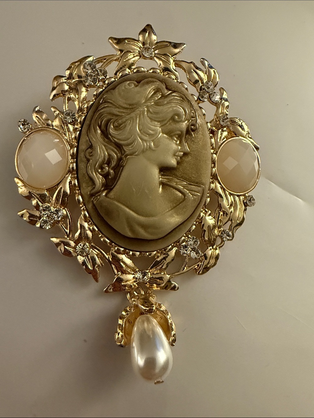 Gold Cameo Brooch with Cream Accents and Pearl Drop - Classic Women's Jewelry